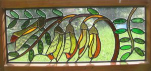 Leadlight stained glass Whangarei. Stained glass flowers hanging from stems